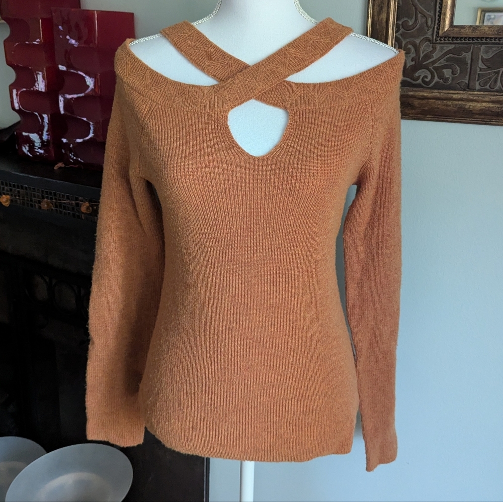 Soft Surroundings Small CrissCross Neck Sweater RustBrown Wool Alpaca Blend 151